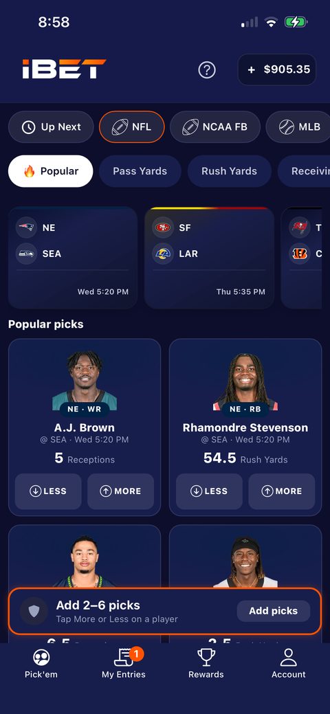 The iBET app's board